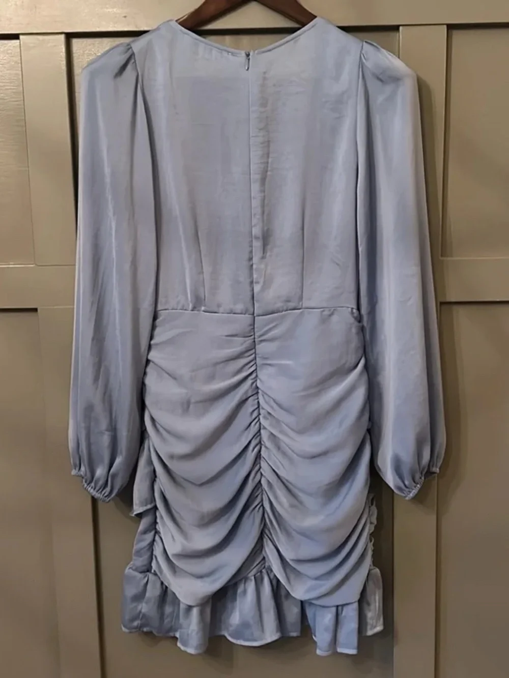 Hello Molly Love Drug Dress Blue Ruched Ruffle Hem Long Sleeve V-Neck Size XS